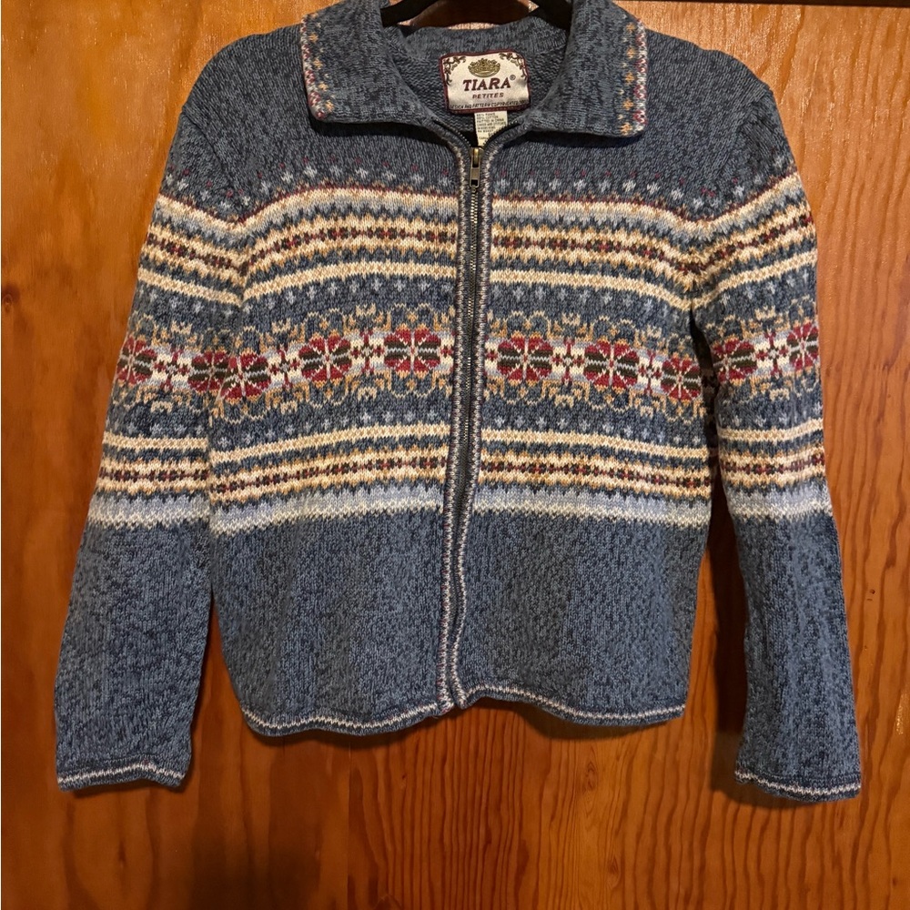 Tiara Blue Knit Sweater with Red and Cream Accents